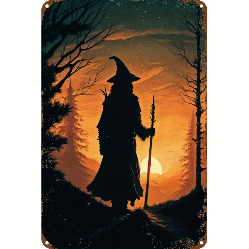 Witch Silhouette Sunset Metal Tin Sign, 8x12 Inch Vintage Aluminum Wall Art, Multipurpose Home, Office, Cafe Decor for Halloween