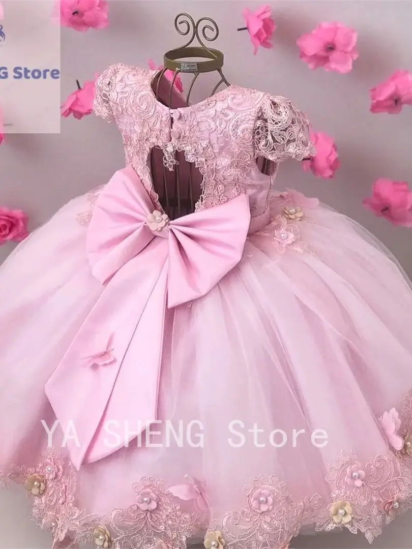 فستان حفلة دانتيل وردي عاري الذراعين ، فساتين فتيات بالزهور لحفلات الزفاف ، طفل مطرز بالخرز ، فساتين المسابقة ، تول بطول الكاحل ، أطفال ، P