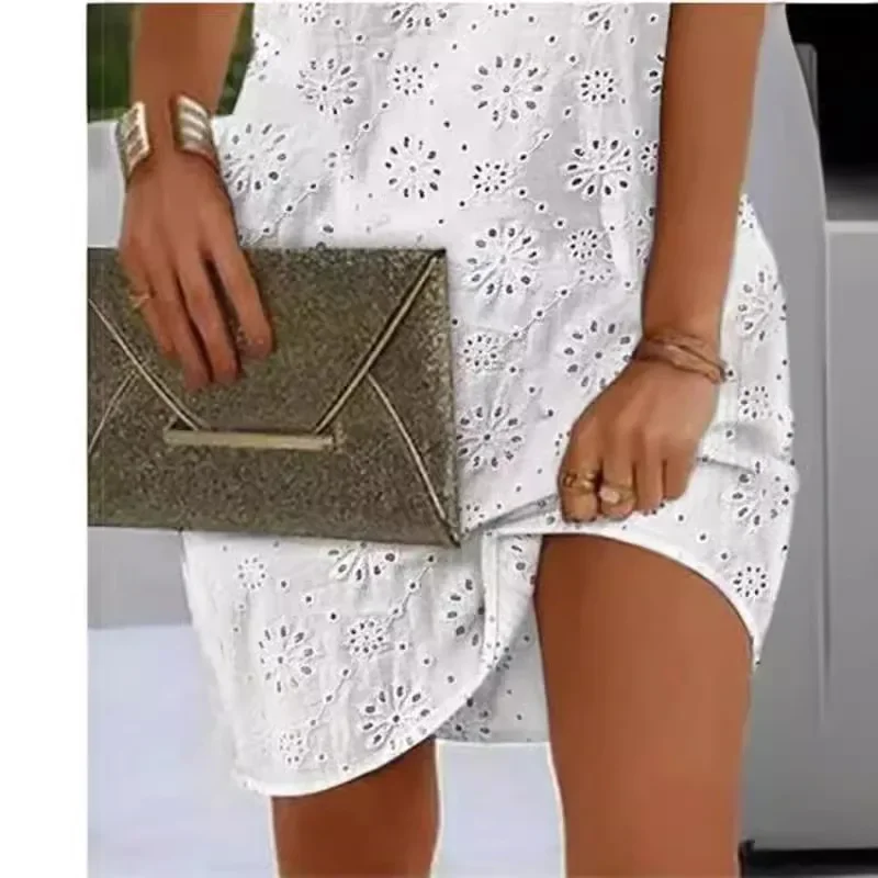 

Elegant Dresses V-Neck Embroidery Tied Detail Sleeveless Mini Straight Dress Vacation Fashion Summer Bohemian Midi Dress Платье