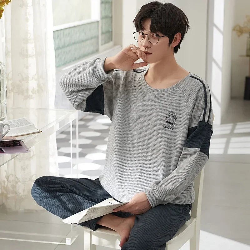 플러스 사이즈 남성용 면 와플 십대 긴팔 잠옷 학생 캐주얼웨어 O넥 상의 바지 투피스 세트 단색