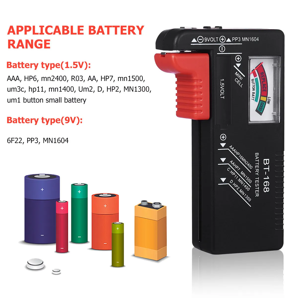Universal Battery Tester Checks Aa Aaa 9V 1.5V Button Cells Level Visual Analog Display Red Yellow
