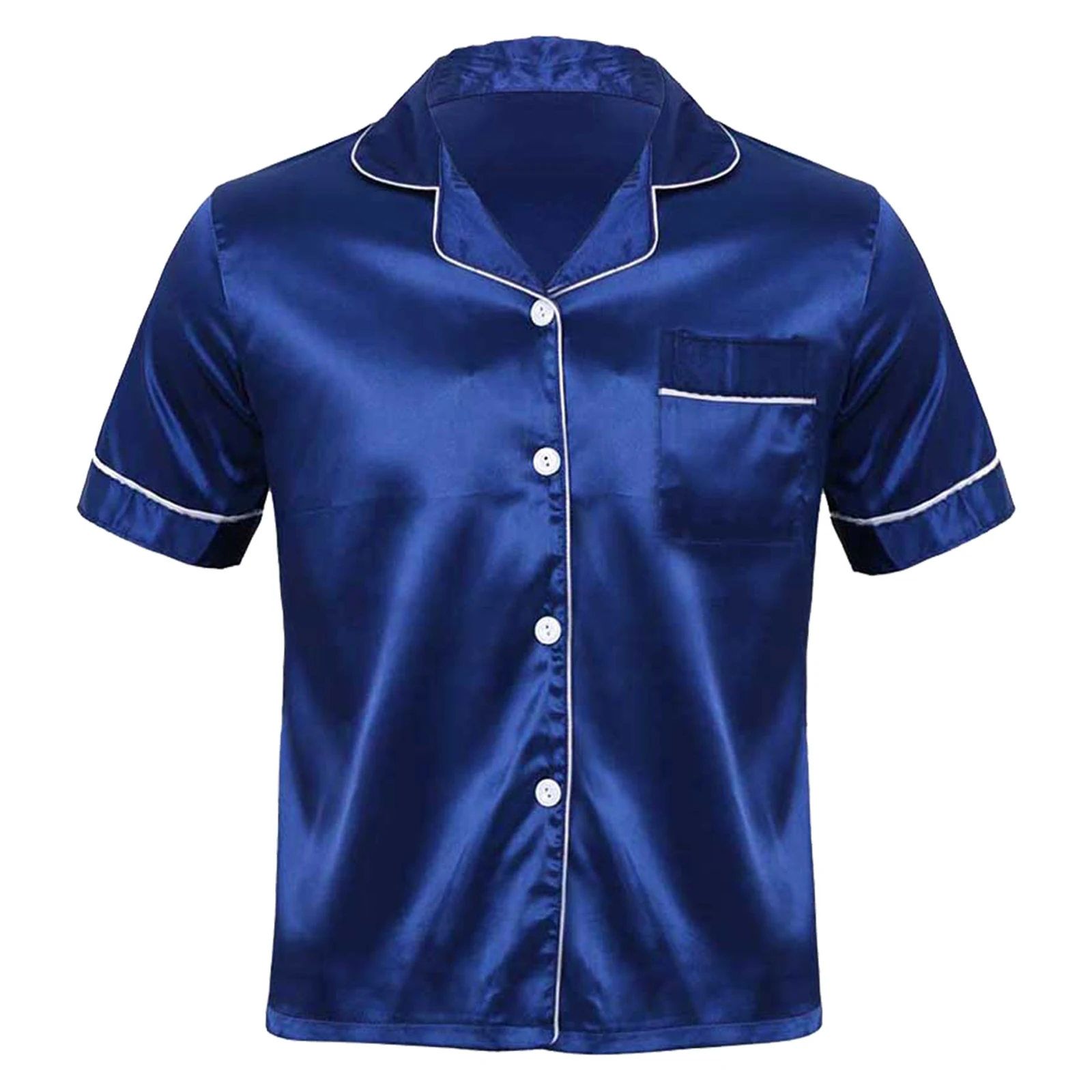 Mens Silky Satin Pajamas Shirts Top 2024 Summer Short Sleeve Smooth Notch Collar Button Down Shirt Homewear Sleepwear Loungewear