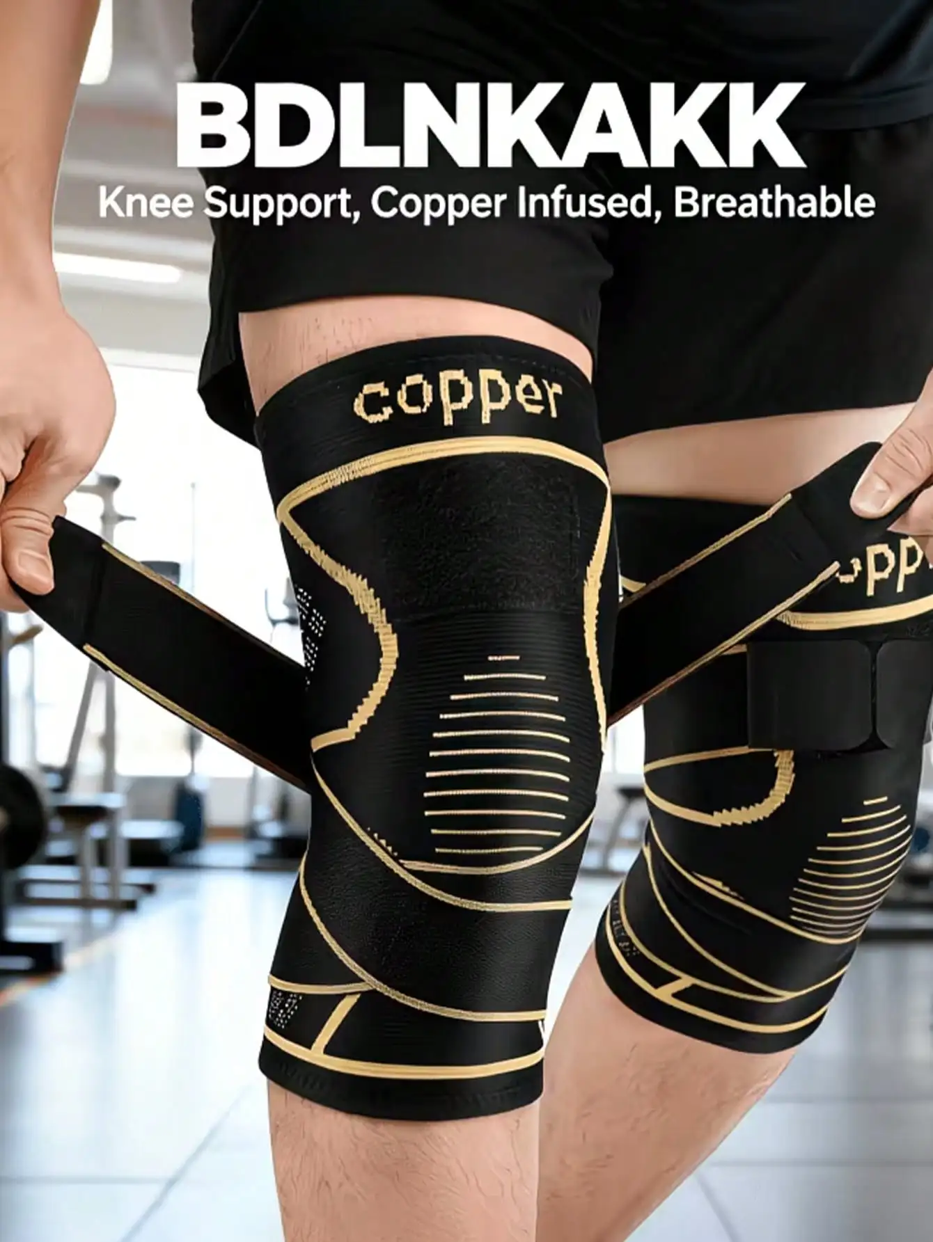 Black Copper Knee Brace Compression Sleeve with Strap
