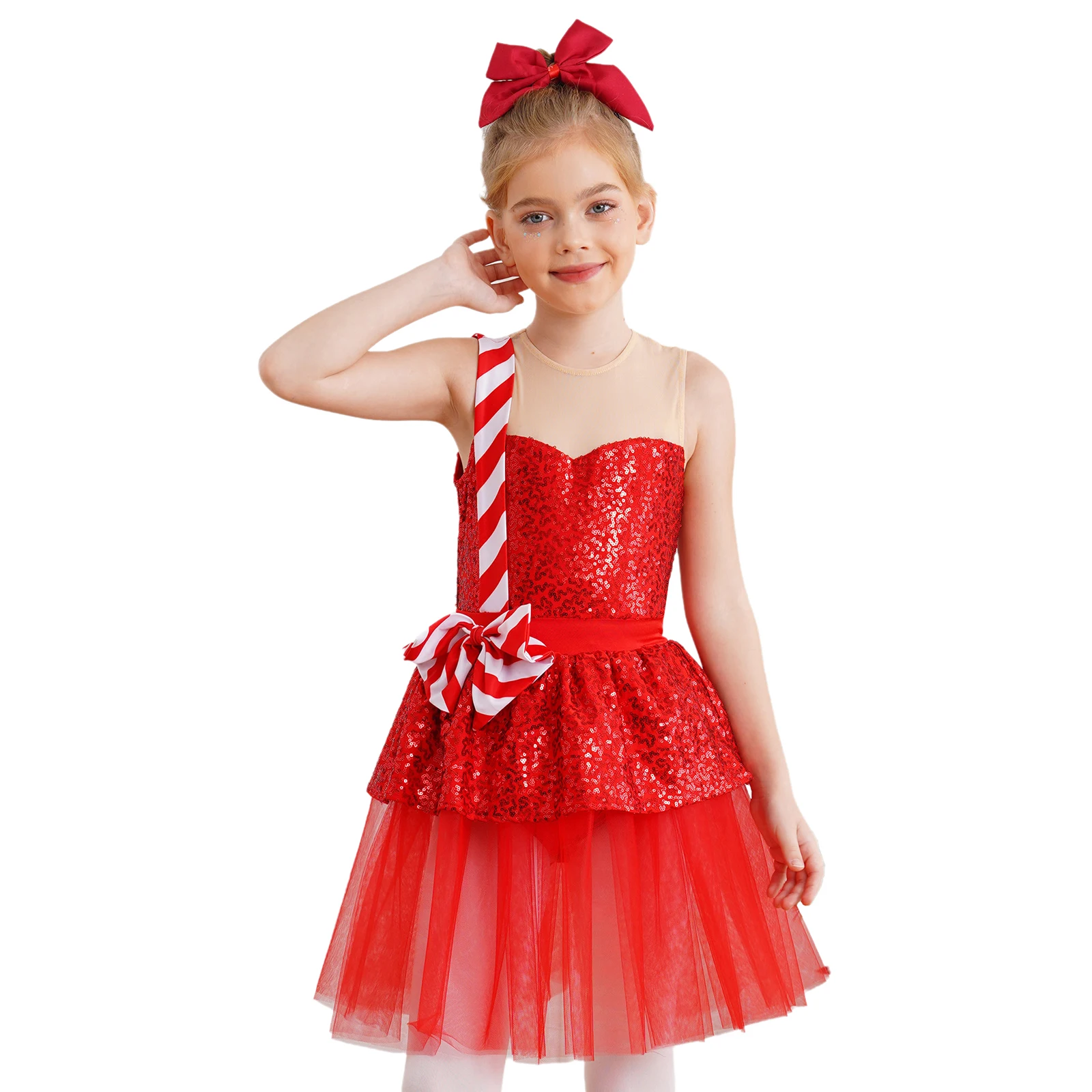 Girl New Year Christmas Dress Carnival Party Gown Sequins Stripes Tutu Dress Candy Cane Costume Holiday Performance Costume