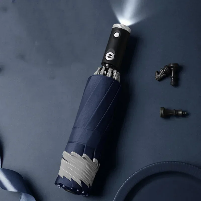Automatic Umbrella With Reflective Stripe Reverse Led Light Umbrella Three Folding Inverted 10 Ribs without Battery