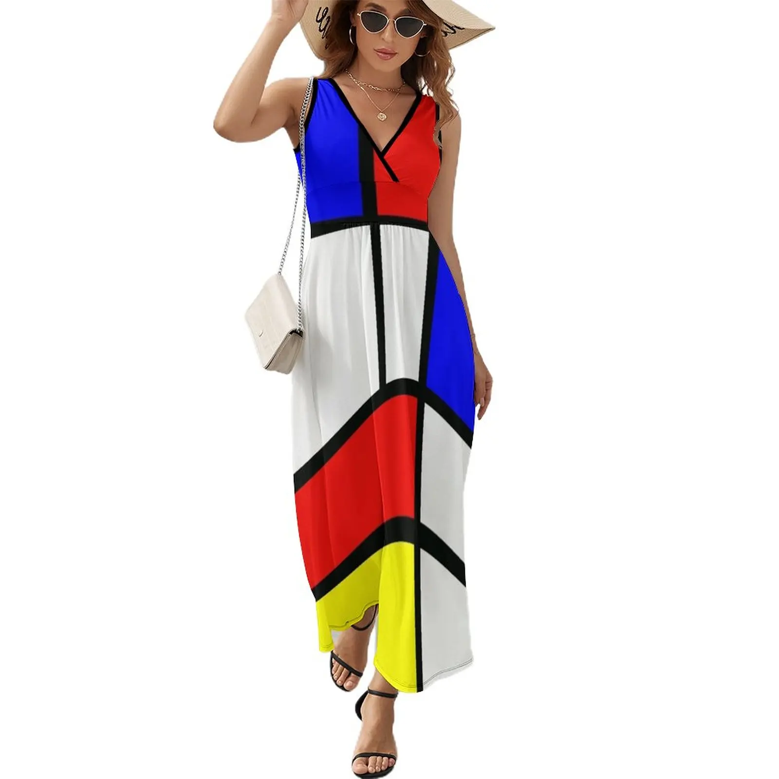 

Piet Mondrian "Composition 2" | Color Block with Red Yellow and Blue Sleeveless Dress women evening dress Elegant gowns dress