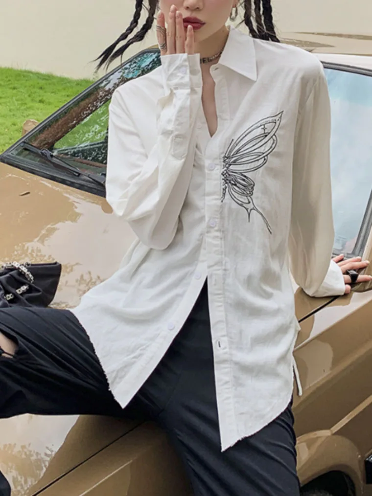 

Long Sleeve Blouse Women 2023 New Fashion Vintage Butterfly Pattern Womens Tops Chic Loose Shirt