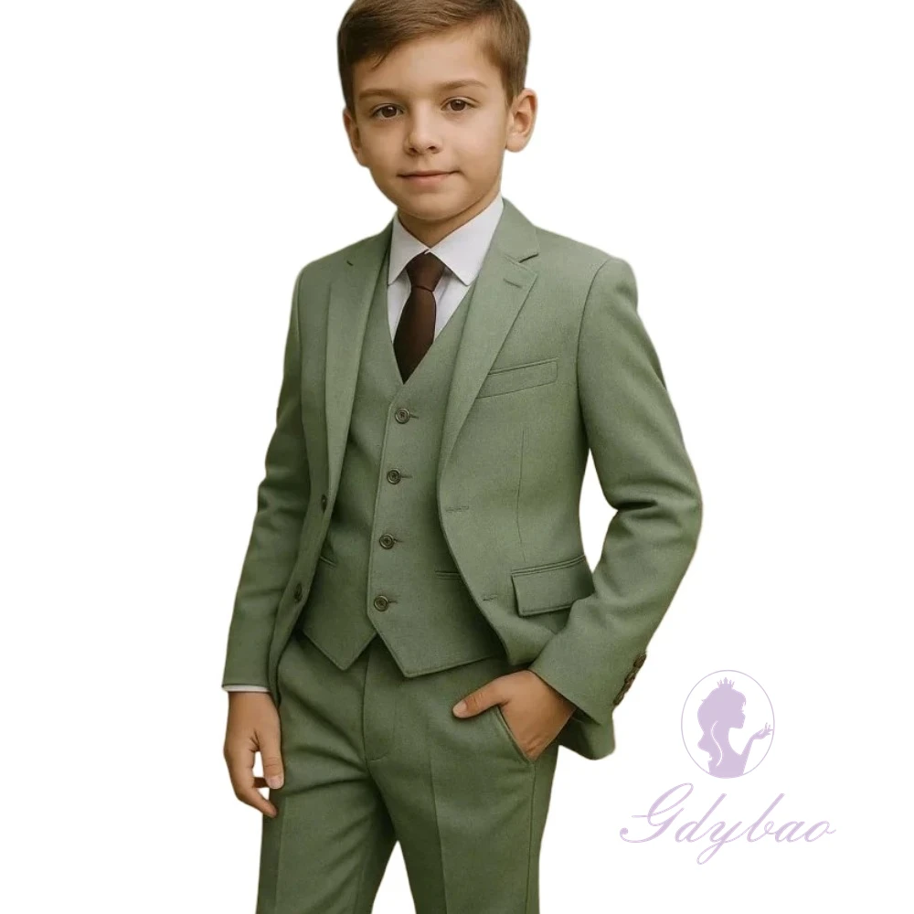 Green Boy's Suit Set 3 Pc Jacket Pants Formal Shawl Lapel Kids Tuxedo For Wedding Kids Birthday Party School Performance Wear