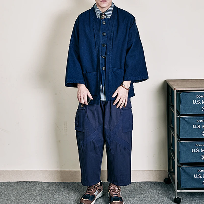 Vintage Kendo Indigo Jacket Men Heavy Weight Cotton Linen Pockets Blue Dyed Jacket Autumn Male Loose Casual Cardigan Jacket Coat