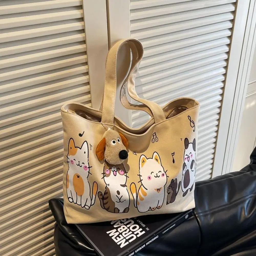 New Portable Cartoon Canvas Bag Reusable Large Capacity Women Versatile Shoulder Bags Cat Commuting Tote Bag
