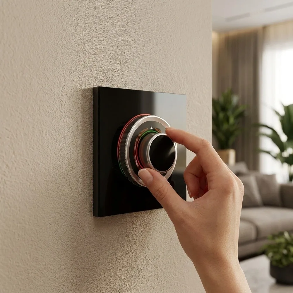 WiFi Connected for Smart Thermostat with Voice Operated Interface and Ambient Light That Complements Interiors
