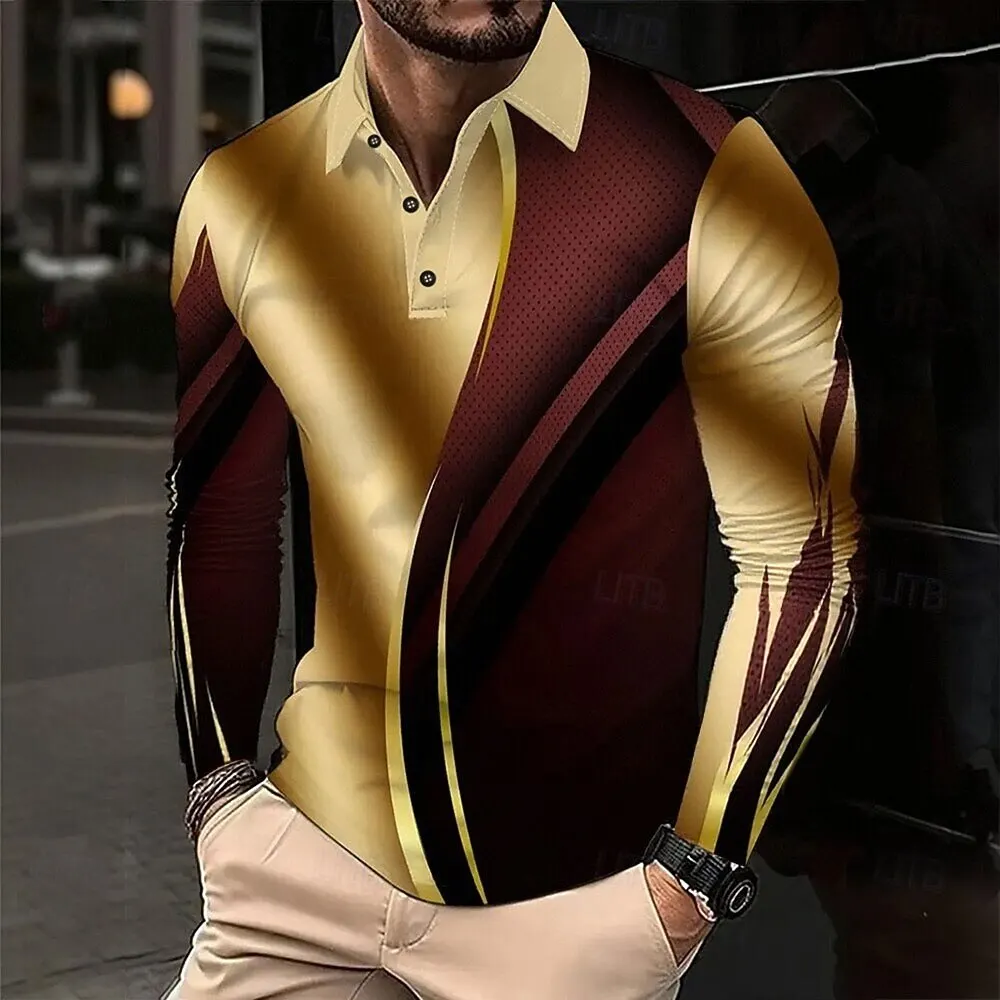 

2025 Men's Color Block Print Polo Trendy Long Sleeve Polo Shirts Athleisure Daily Wear 3D Prints Breathable Buttons Tops For Men