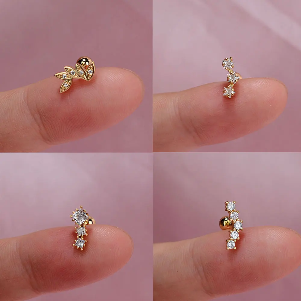 1Pc 20G Stainless Steel Star leaf Stud Earrings for Women Zircon Helix Cartilage Tragus Lobe Ear Piercing