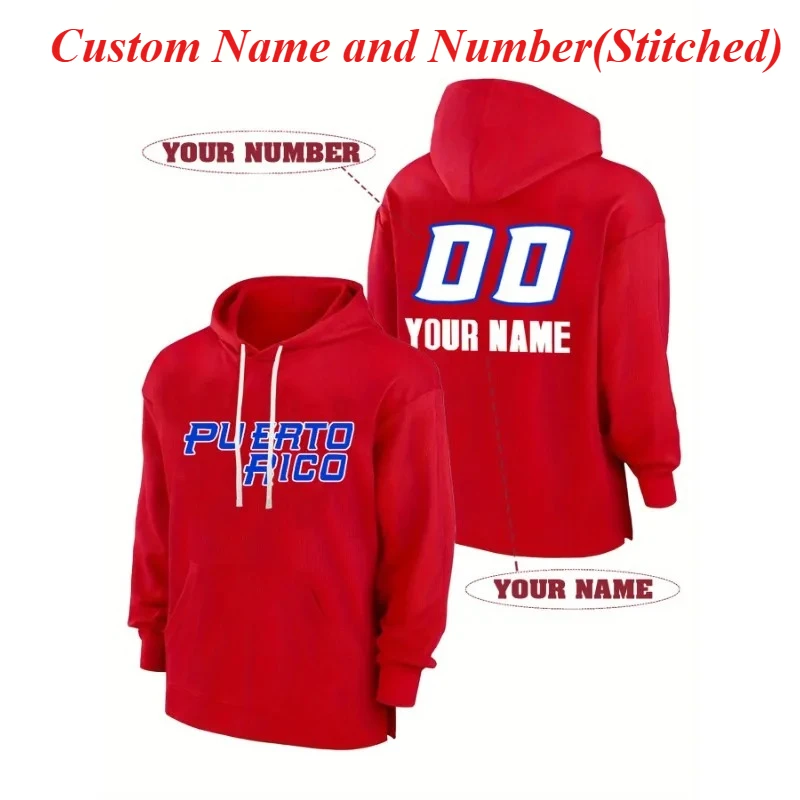 Custom Puerto Rico Embroidered Hoodie - Personalized Name & Number Thick Fleece, Loose Fit Pullover for Men & Women,Couples
