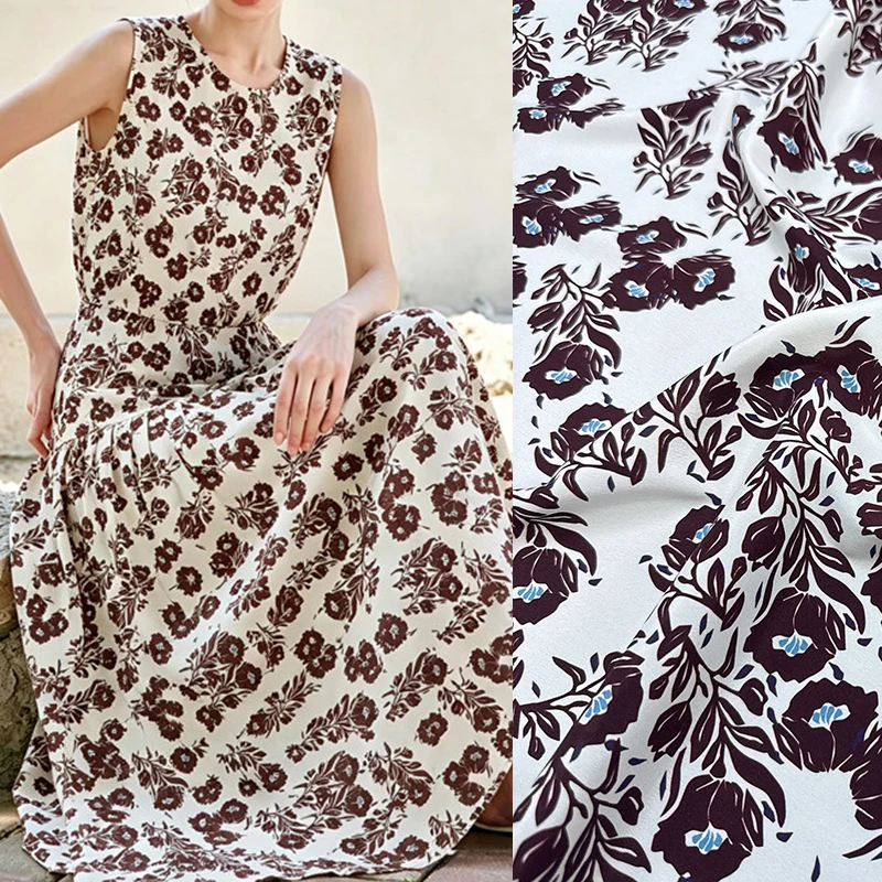 Chocolate Color Floral Printed Stretch White Silk Crepe de Chine Fabric for DIY Sewing Summer Dress Pajamas Silk Fabric FR7061