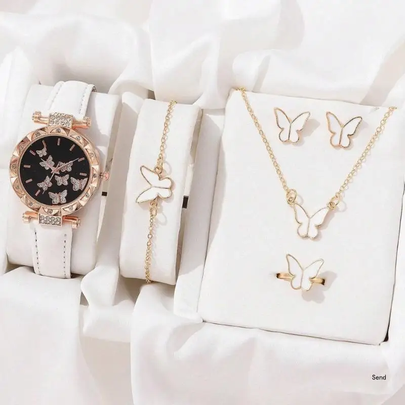 6pcs/set Luxury Watch Women Rings Necklace Earrings Bracelet Set Butterfly Leather Strap Watches Lady Wristwatch No Case