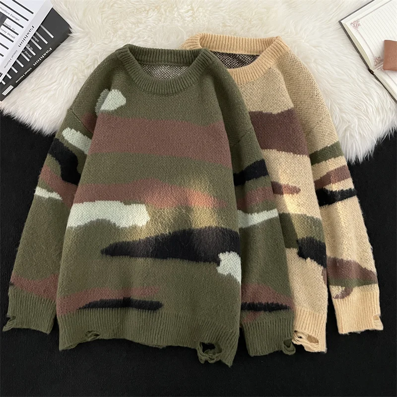 Knitted Sweaters Men Autumn Contrast Color American Retro Style Chic High Street Teenagers Vitality Warm Daily Slouchy Couple