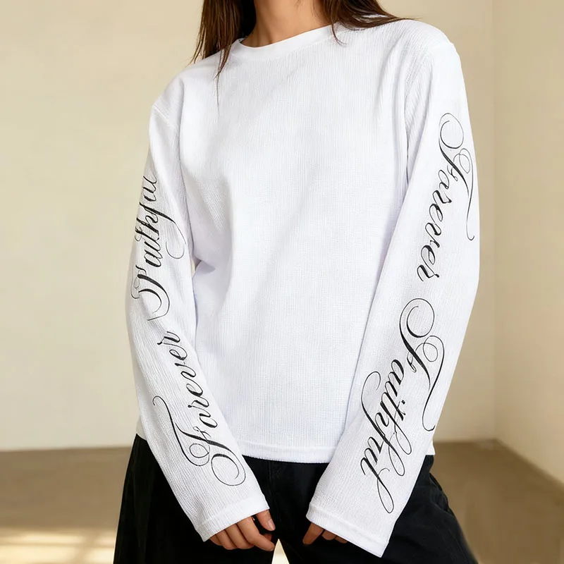 

Europe America Y2K Spring Autumn Women Lazy Home Casual Tops Commuting Simple Tee Letter Printing Round Neck Long Sleeve T-shirt