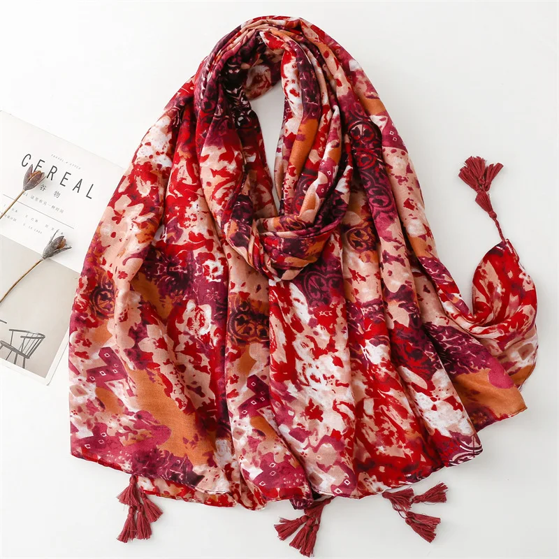 2024 Fashion Spring Cotton Abstract Flower Print Tassel Scarf Shawls Long Floral Pattern Scarves Hijab Wrap