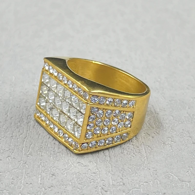 Vintage hip hop gold silver color Ring for men Women with rhinestone Jewelry Fashion Stainless Steel Engagement Wedding