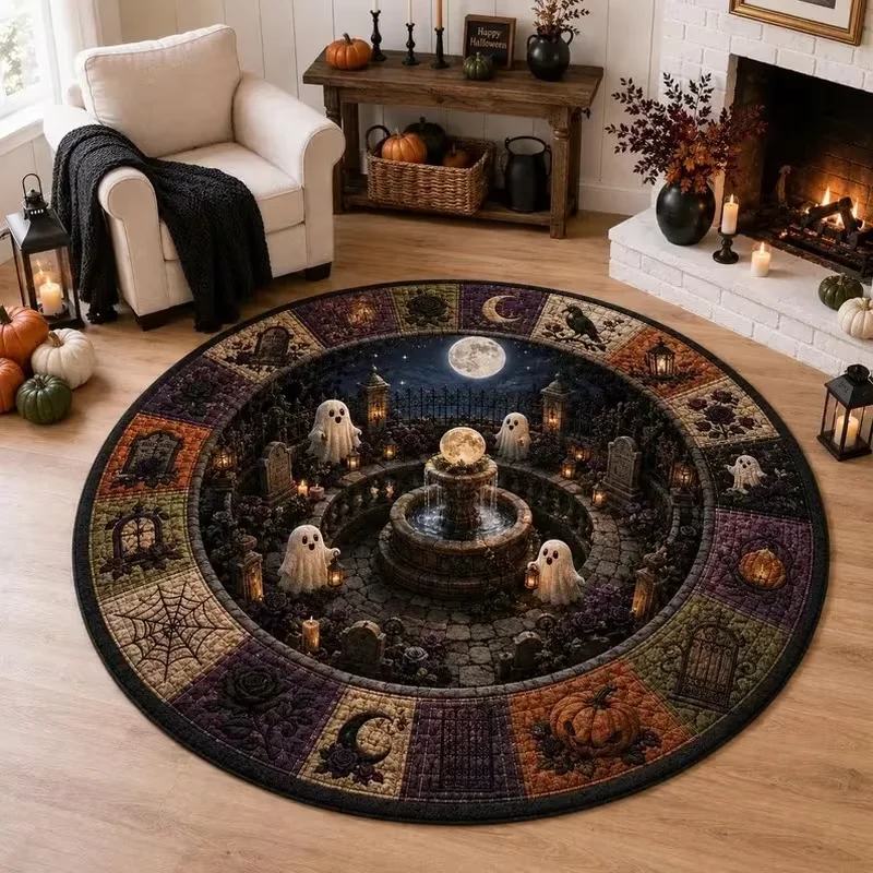 Round Halloween 3D Illusion Area Rug, Cute Ghost Pumpkin Stone Pit Ladder Web Print Decorative Home Floor Mat