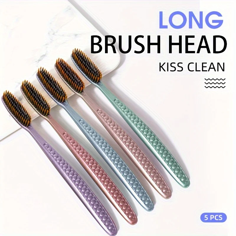 5PCS Soft Hair Toothbrush Set with Curved Extended Brush Head for Deep Oral Cleaning in 5 Colors for Adults