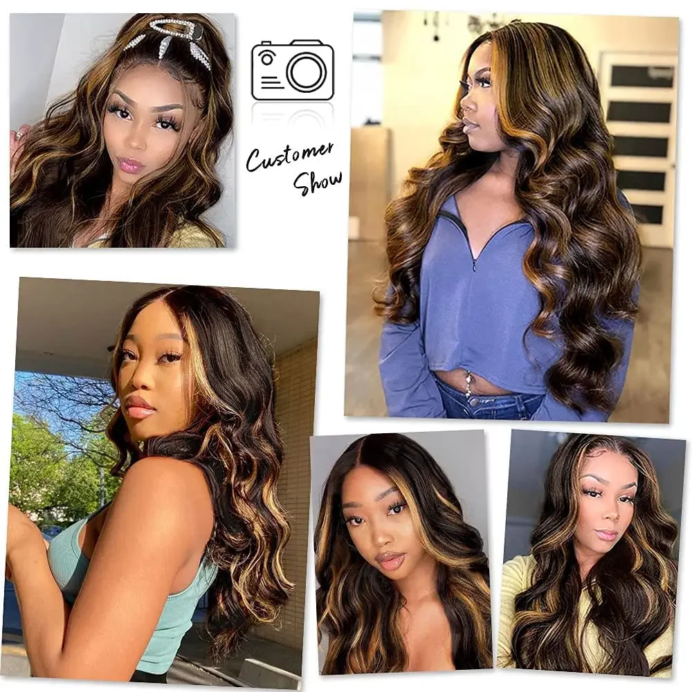 Wig Frontal Body Wave Lace wig sorot renda depan wig sintetis Omber pirang/hitam Natural berwarna dengan rambut bayi untuk wanita