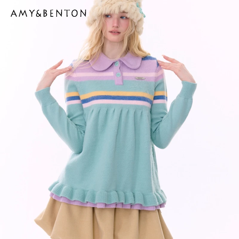 

American Retro Design Doll Collar Splicing Women's Sweater 2025 Autumn Winter New Design Striped Lace Pullover Sweaters Ladies