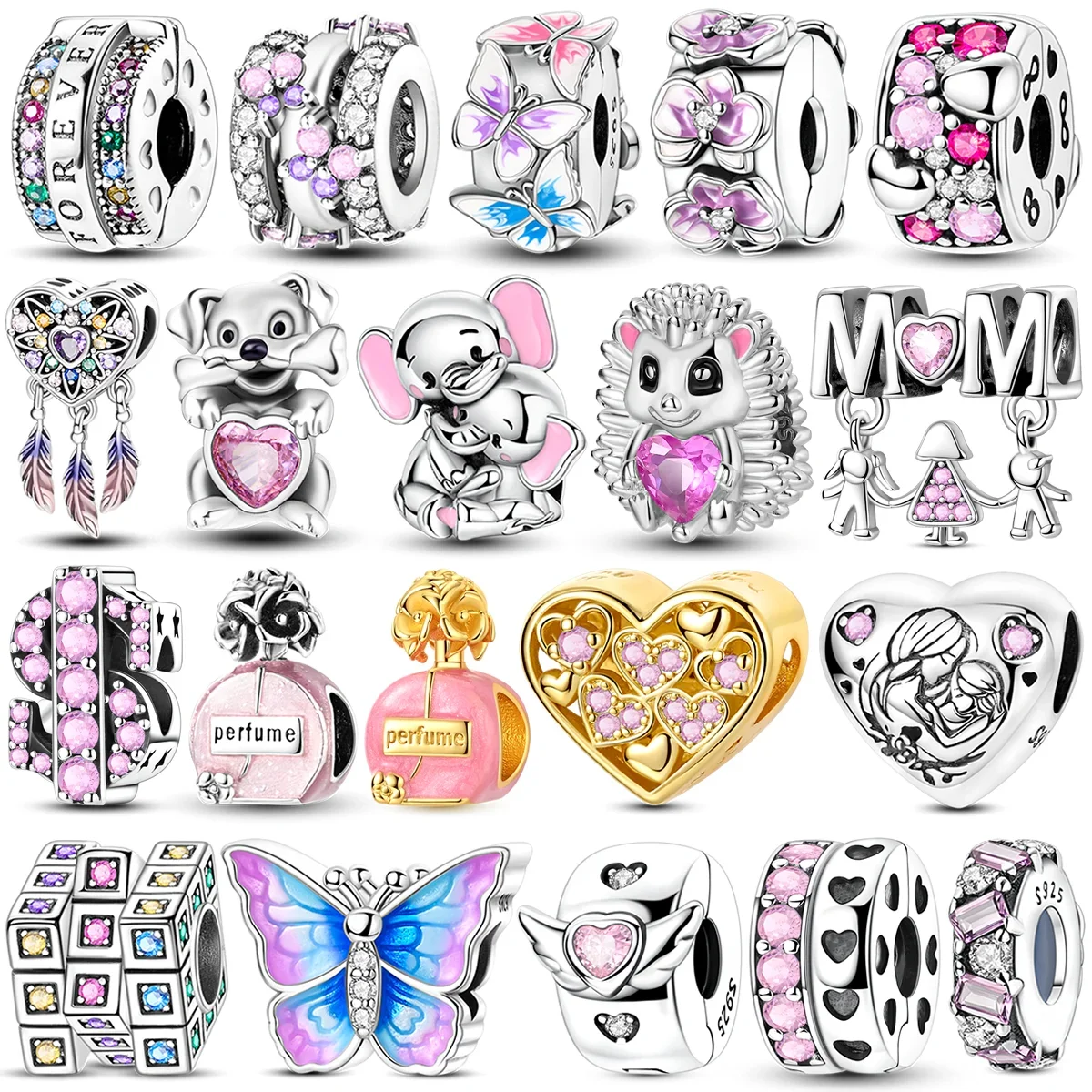 

925 Sterling Silver Cute Pink Charms Bead CZ Zirconium Hedgehog Baby Elephant Love Pendants Fit Original Bracelet DIY Jewelry