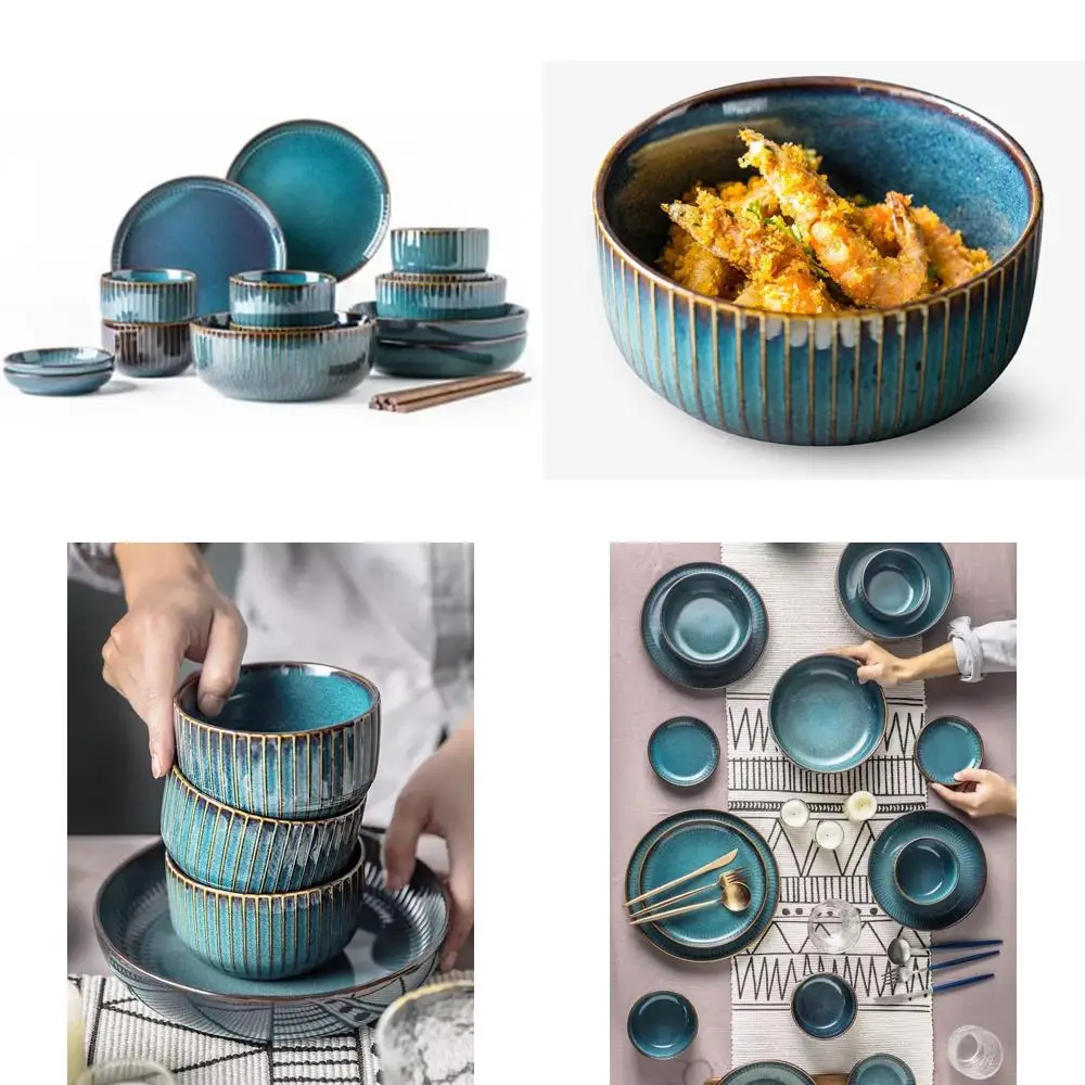 

Керамический набор посуды в скандинавском стиле для домашней кухни — 20-компонентный набор мисок и посуды синего цвета