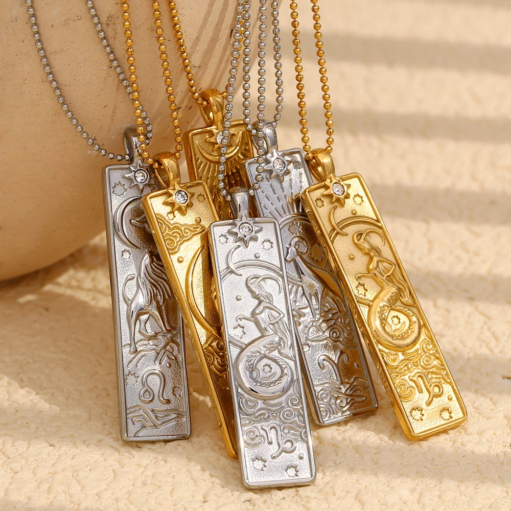 E.B.belle 18k Gold Plated Rectangle Shape 12 Constellation Pendant Necklace Stainless Steel Waterproof Fashion Women\'s Jewelry