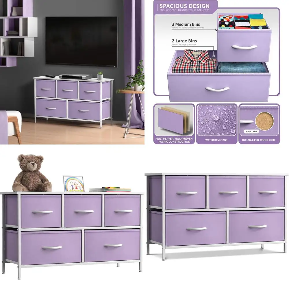 

5-Drawer Storage Chest with Steel Frame, Wooden Top, Fabric Bins for TV Stands, Bedroom, Hallway, and Office Organization