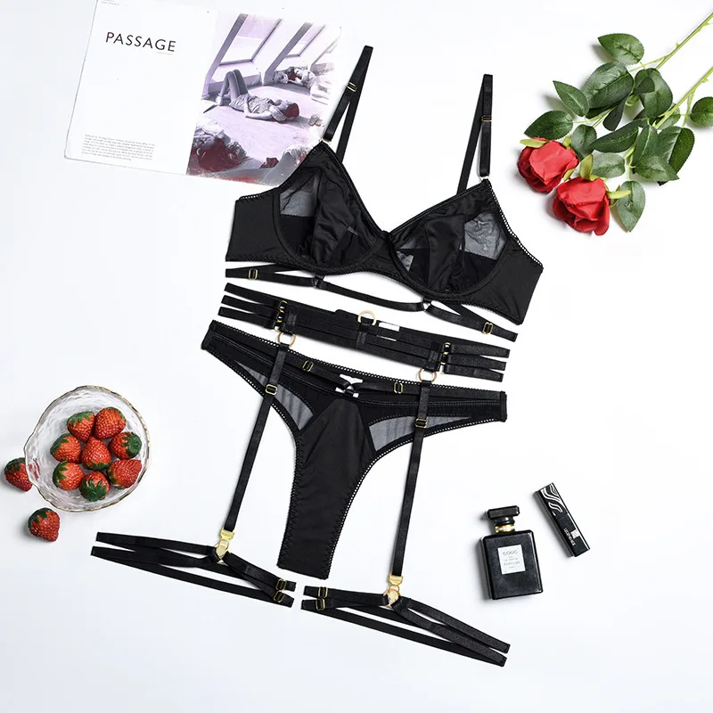 

Bikini Complex Craft Push Up Hollow Mesh Sexy Bra Sexy Lingerie Four-Piece Set for Women