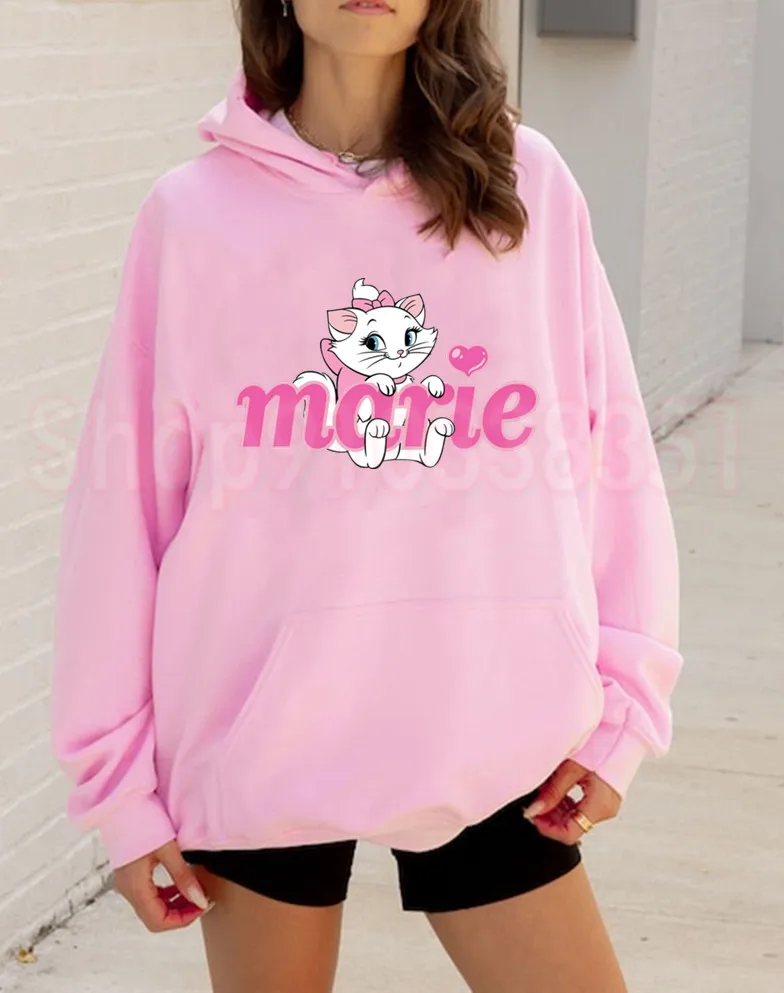 Sweet Kawaii The Aristocats Marie Cat Cartoon Printing Women's Hoodies Autumn and Winter Pink Sweatshirt Y2k Clothes Hoodies