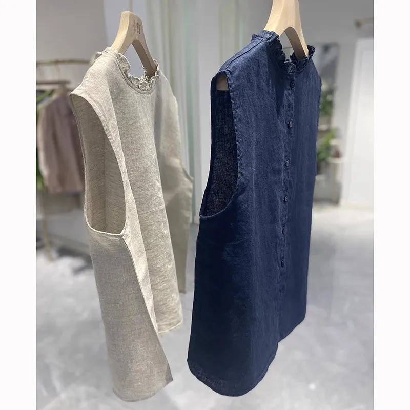 

Fungus Collar Ruffled Pure Linen Vest for Women Loose Version Large Size Sleeveless Top Short Cotton and Linen Vest Relaxed