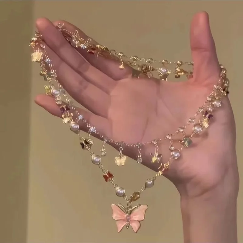 

Ladies' Luxury Crystal Layered Butterfly Tassel Necklace, Double Layered Elegance, Fashion Party Wedding Jewelry Accessory