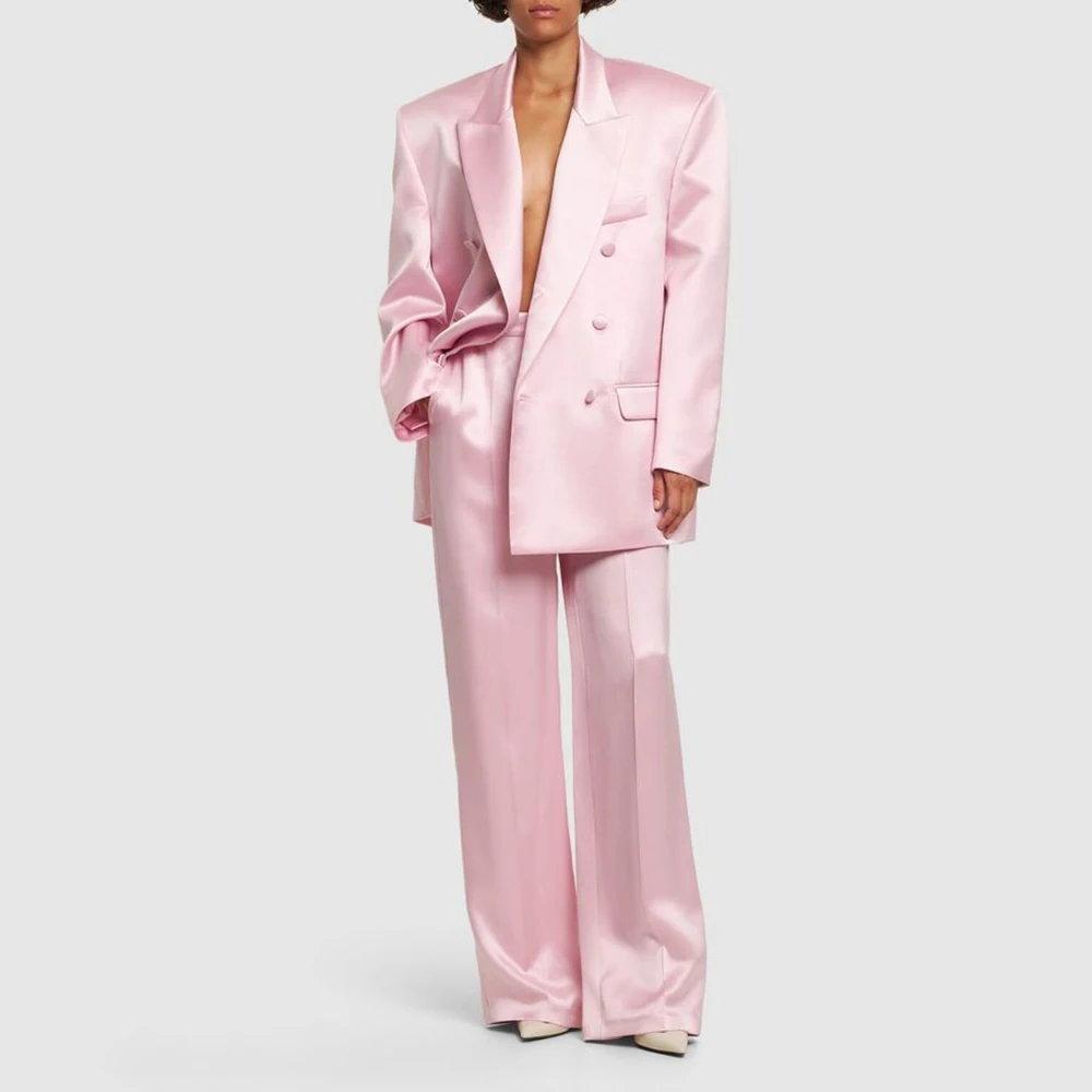 

High Quality Pink Women Suits 2026 Luxury Double Breasted Loose Straight Wide Leg Pants Sets Customized 2 Piece Jacket Trousers