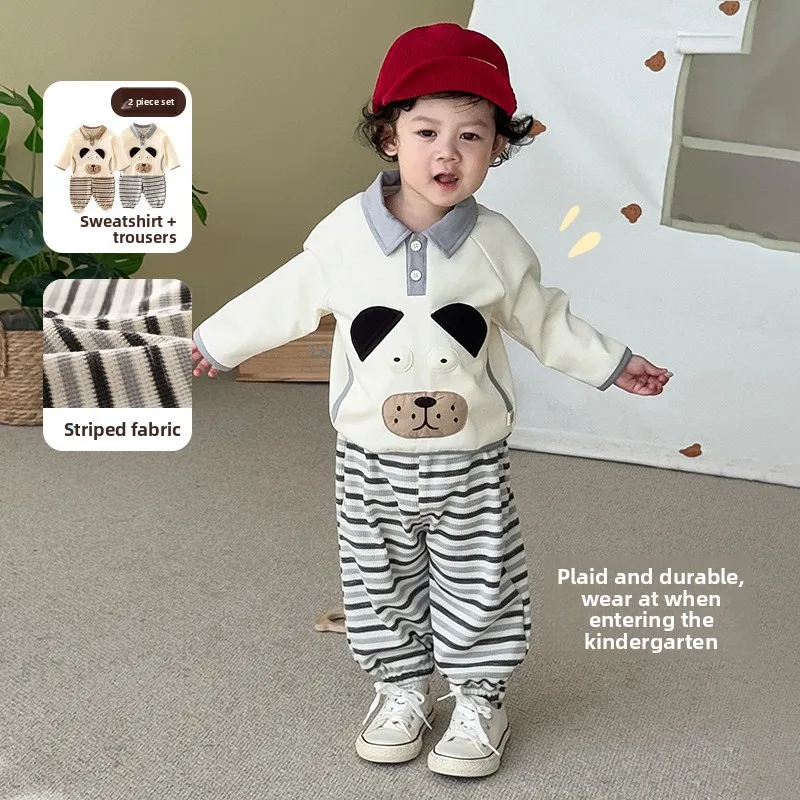 

Baby Fashion Set 2025 New Autumn Boys' Elegant Dog Polo Shirt Children's Striped Pants Two Piece Set