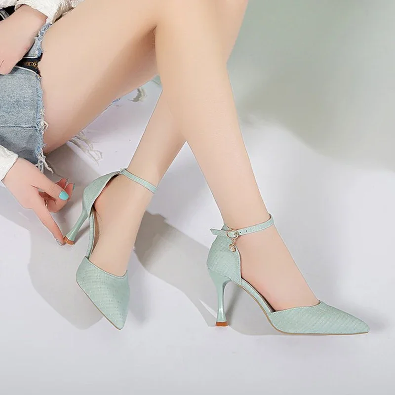 Ankle Buckle Stiletto Heels Pumps Women Sexy Super High Heel Party Shoes Woman Pointed Toe Pearl Elegant Zapato Mujer