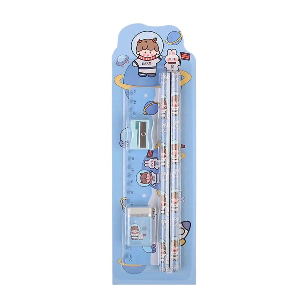 5pcs/set Cute Cartoon Pencil Set Pencil Sharpener Ruler Eraser Pencil Children School Supplies Set For Gifts