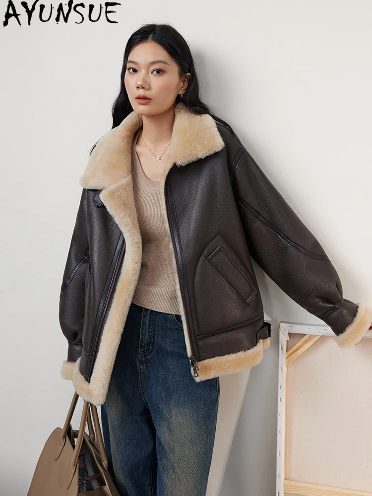 AYUNSUE 天然羊皮毛皮コート本革ジャケット女性 2025 暖かい冬服女性バイクジャケット Шуба Женская