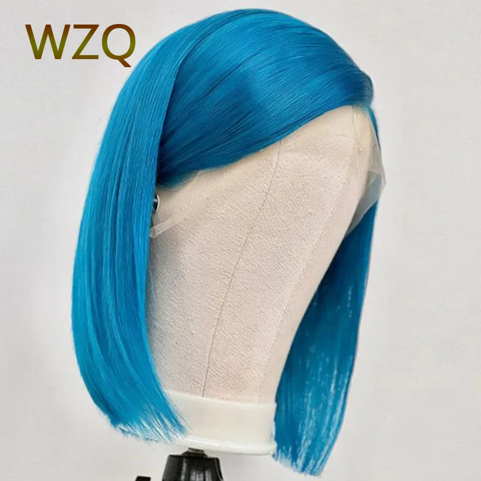 Perucas de cabelo humano azul Bob, peruca dianteira do laço HD curto reto, cabelo remy pré arrancado, transparente, 180% densidade, 13x4 laço frontal perucas