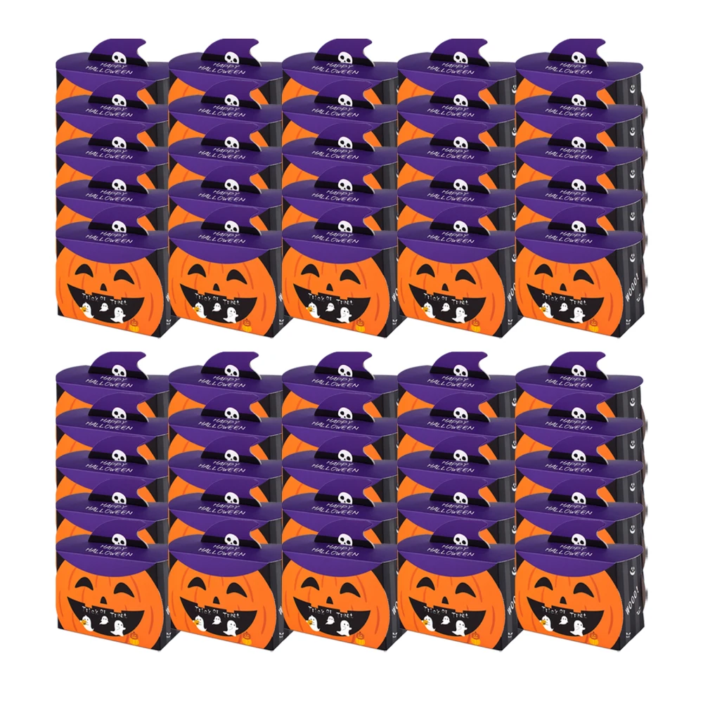 

50pcs Halloween Party Cartoon Candy Gift Packaging Box, Black Cat Pumpkin Ghost Shaped Folding Cute Paper Box