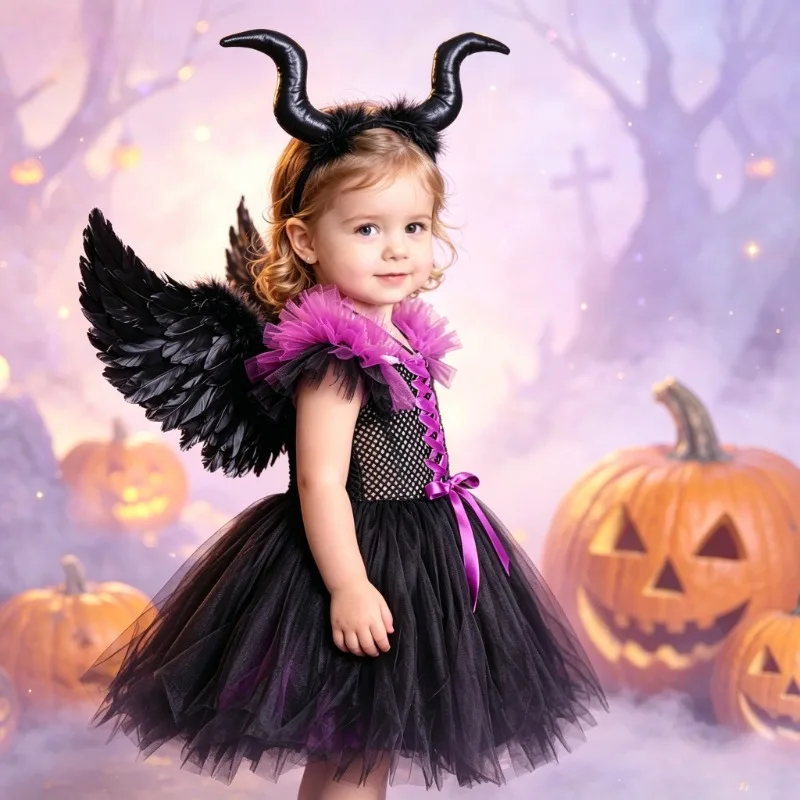 Kids' Black & Purple Witch Clothes 3-Piece Set, Festival Dress Suit, Children's Outfit for Halloween Party & Performance