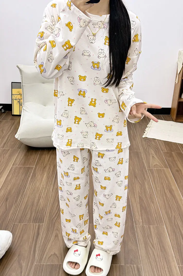 

Rilakkuma, пижамный комплект с милым принтом, одежда для сна, комплект из 2 предметов, топ с длинными рукавами, длинные штаны, зимняя домашняя одежда, домашняя одежда, кавайный наряд
