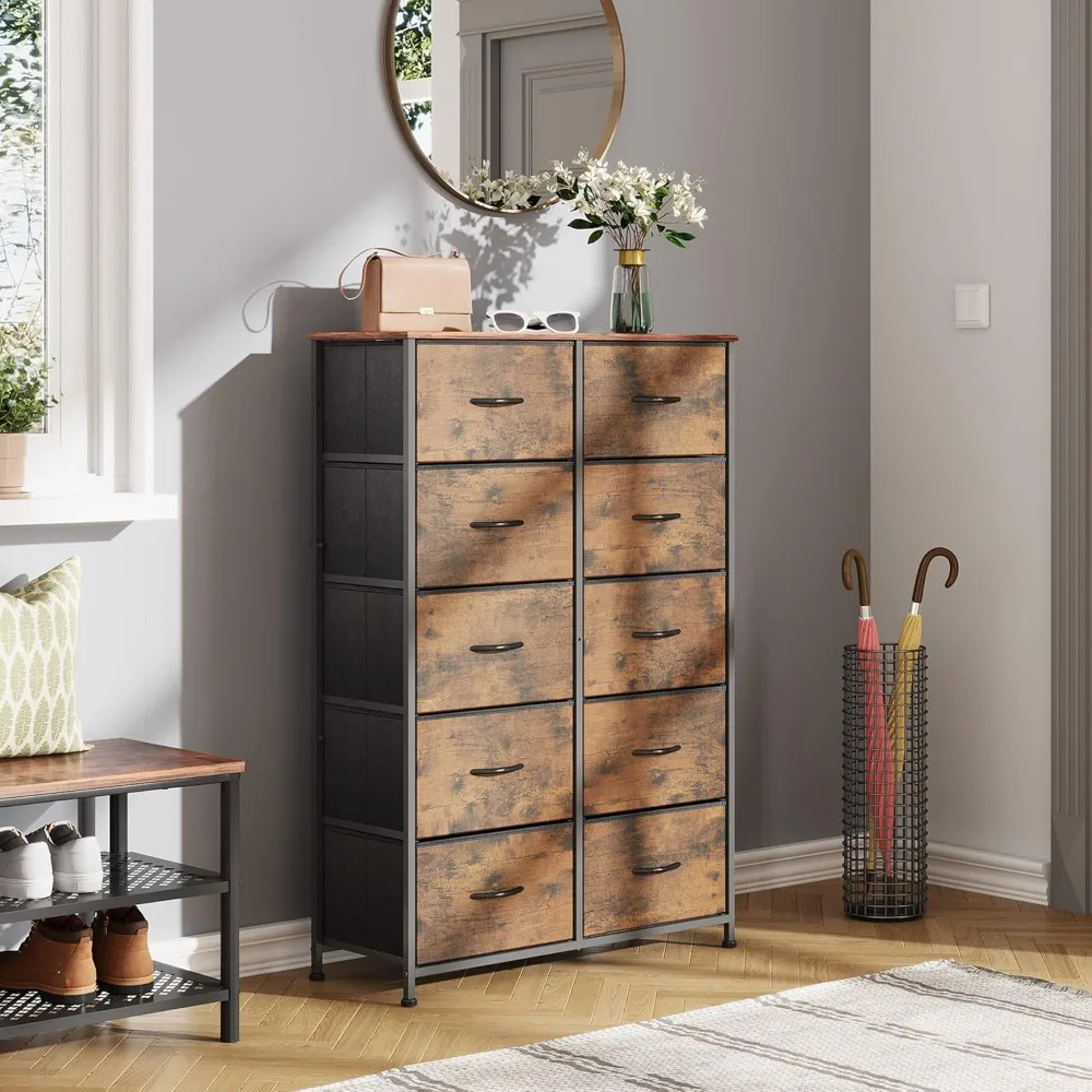 Bedroom dresser, storage tower with 10 fabric drawers, cabinetry for children's room, metal frame, wooden countertop