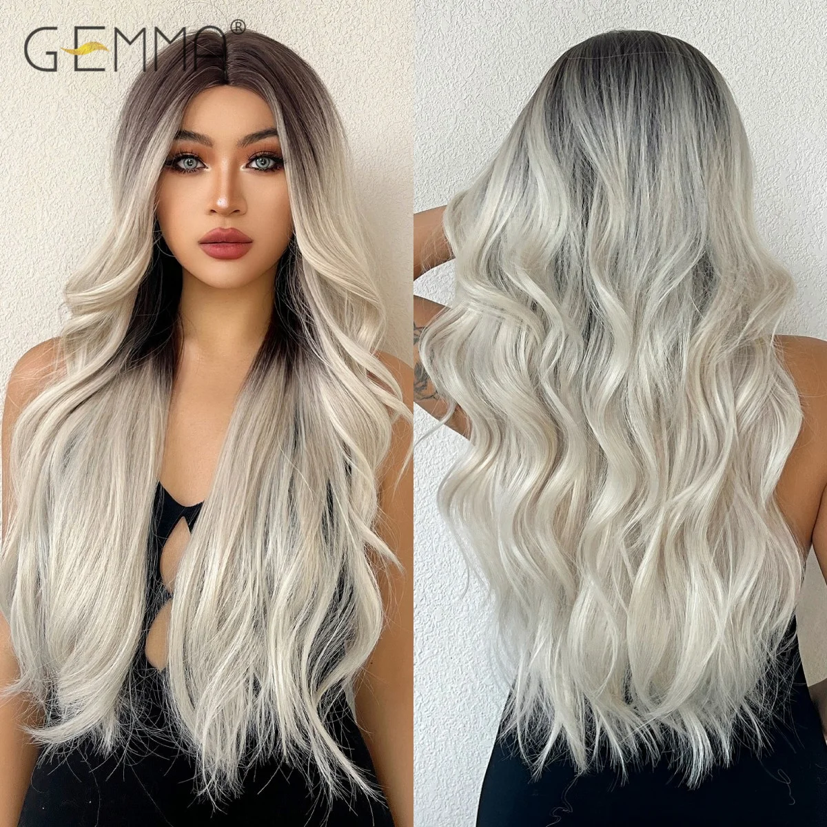 

Platinum Blonde Long Wavy Wig Synthetic Ombre Natural Wave Wigs for Women Dark Roots Cosplay Party Daily Hair Heat Resistant