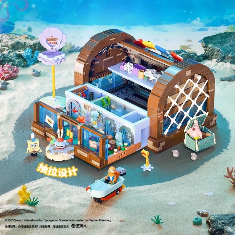 Spongebob Cartoon Krusty Krab Building Blocks Creative Canteen Scenes Model Bricks Desktop Ornaments Toy for Kid Christmas Gift