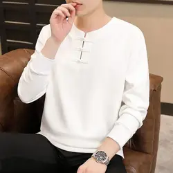 Chinese Style Men's 2024 Spring and Autumn New Patchwork O-Neck Buckle Fashionable Solid Color Versatile Casual Long Sleeved Top