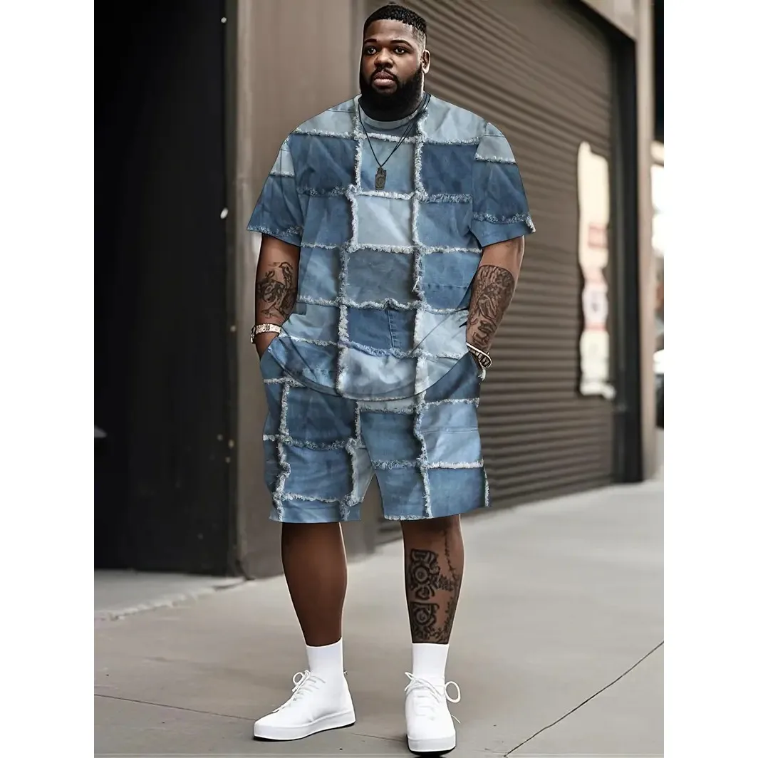 Ensemble T-shirt et Short en Denim pour hommes, ensemble 2 pièces, grande taille, vêtements décontractés, ample, cordon de serrage à la taille, haut à manches courtes, 2025